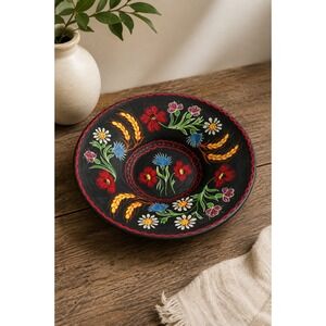 Antique Hungarian Folk Pottery Black Clay Floral Bowl Plate Cottagecore Decor